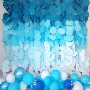 Ghirlanda di cerchi di carta sfumati, tenda blu per feste di compleanno, decorazione per baby shower per bambini, sfondo fotografico, sfondo sfumato blu, schermo per feste per bambini