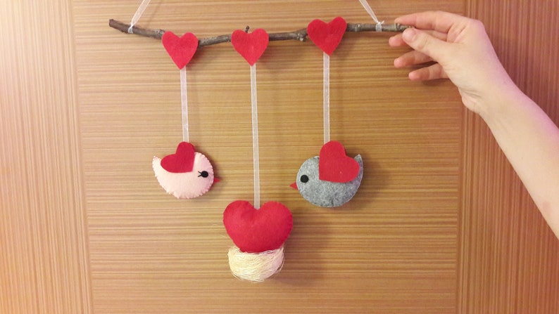 Felt Bird Ornaments,Christmas Felted Birds,Felt Bird Love,Love Birds With Hearts,Cute Birds Decor,Kids Valentine Decor,Hanging Felt Birds