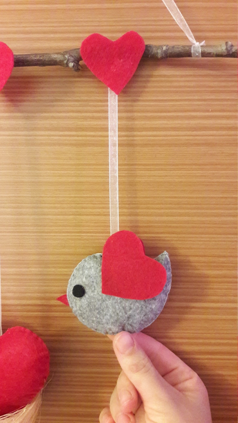 Felt Bird Ornaments,Christmas Felted Birds,Felt Bird Love,Love Birds With Hearts,Cute Birds Decor,Kids Valentine Decor,Hanging Felt Birds