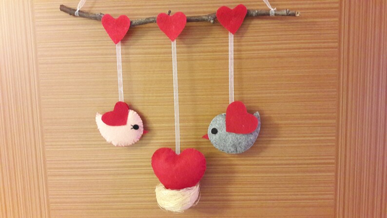 Felt Bird Ornaments,Christmas Felted Birds,Felt Bird Love,Love Birds With Hearts,Cute Birds Decor,Kids Valentine Decor,Hanging Felt Birds