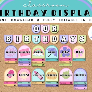 Puede incluir: Una colorida exhibición de cumpleaños para el aula en un corcho. La pancarta dice "BIRTHDAY DISPLAY" y "OUR BIRTHDAYS". Cada mes está representado con un gráfico único y espacio para nombres y fechas. El diseño es totalmente editable en Canva.
