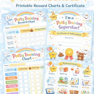 May include: A Potty Training Chart Bundle with printable reward charts and a certificate. The charts feature a rewards chart, a chart to track progress, and a certificate. The charts have a blue and white background with cartoon graphics.