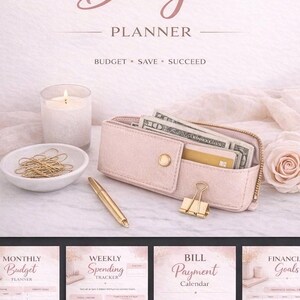 May include: A pink budget planner with the text "The Ultimate Budget Planner." The image includes a pink wallet with cash and a credit card, a gold pen, a candle, and a bowl of gold paper clips.