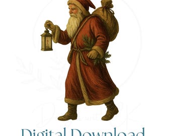 Vintage Father Christmas Clipart PNG | Santa with Lantern Illustration | Rustic Christmas Art | Digital Download