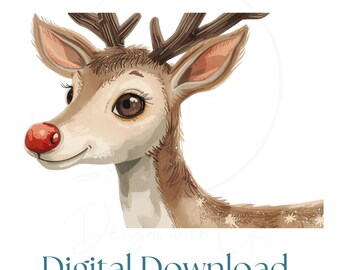 Cute Reindeer Clipart PNG | Christmas Deer Illustration | Red Nose Reindeer Sublimation | Digital Download