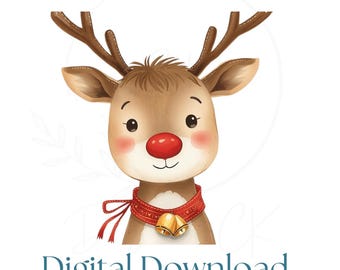 Cute Reindeer Clipart PNG | Christmas Deer Illustration | Red Nose Reindeer Sublimation | Digital Download