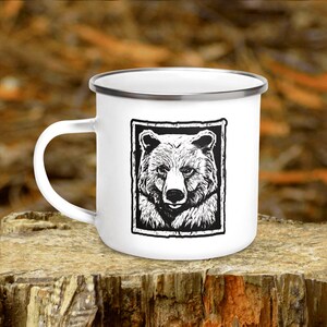 Rustic black bear enamel camp cup Grizzly bear coffee mug Brown bear camping mug Hiking gift ideas for women and men Hot cocoa mug him + her
