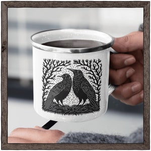 Wild ravens enamel camp mug - Crow Cottage Core Cabincore Forestcore decor coffee cup - Camping gift for him her  Nature art for lodge cabin