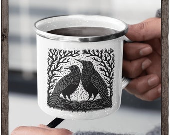 Wild ravens enamel camp mug - Crow Cottage Core Cabincore Forestcore decor coffee cup - Camping gift for him her  Nature art for lodge cabin