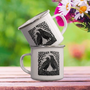 Blockprint raven giftful mug. Bohoe nature girl white enamel coffeecup. Cottage core gardener gifts for women. Garden lover coffeemugs. Whimsi crow gardening cup.