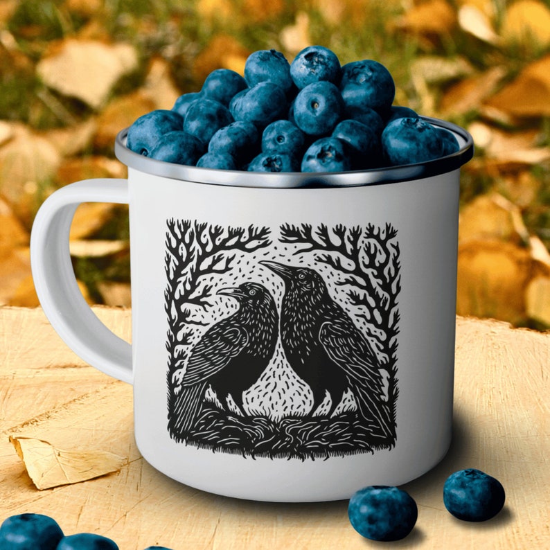 Blockprint raven giftful mug. Bohoe nature girl white enamel coffeecup. Cottage core gardener gifts for women. Garden lover coffeemugs. Whimsi crow gardening cup.