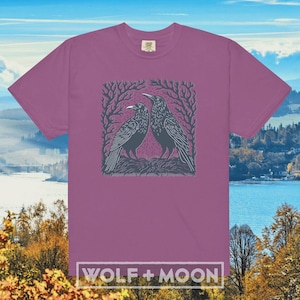 Raven woodblock print t shirt Crow nature lover tshirt Camping gifts for her Linocut blackbird hiking tee women Cottagecore designs clothing