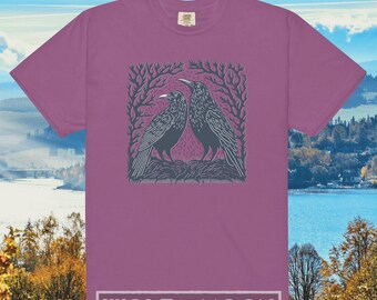 Raven woodblock print t shirt Crow nature lover tshirt Camping gifts for her Linocut blackbird hiking tee women Cottagecore designs clothing