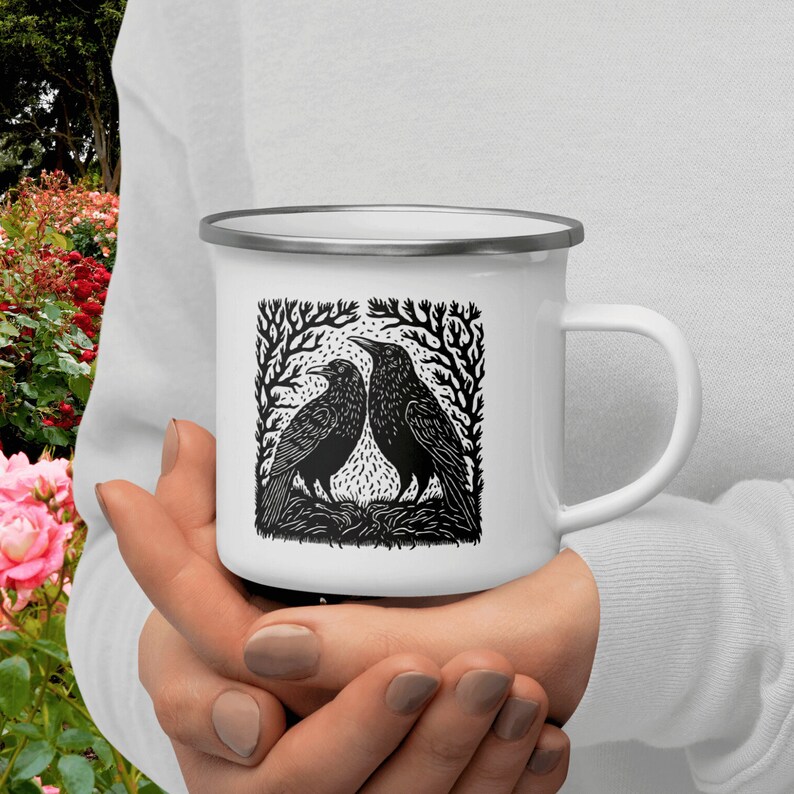 Blockprint raven giftful mug. Bohoe nature girl white enamel coffeecup. Cottage core gardener gifts for women. Garden lover coffeemugs. Whimsi crow gardening cup.