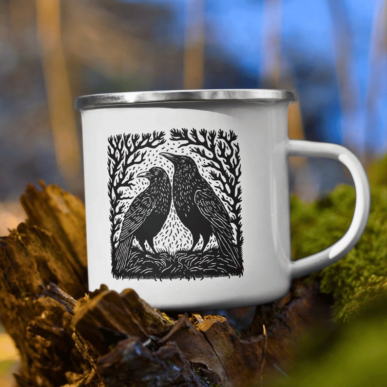 Blockprint raven giftful mug. Bohoe nature girl white enamel coffeecup. Cottage core gardener gifts for women. Garden lover coffeemugs. Whimsi crow gardening cup.