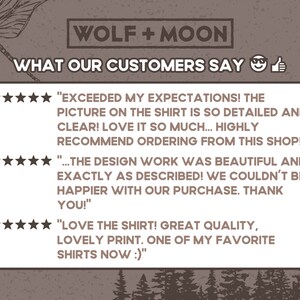 May include: A white background with a brown textured border. The text "WOLF + MOON" is in a brown rectangle at the top of the image. Below the text is the phrase "WHAT OUR CUSTOMERS SAY" with a smiley face and thumbs up emoji.  There are three five-star reviews with positive comments about the quality and design of the products.