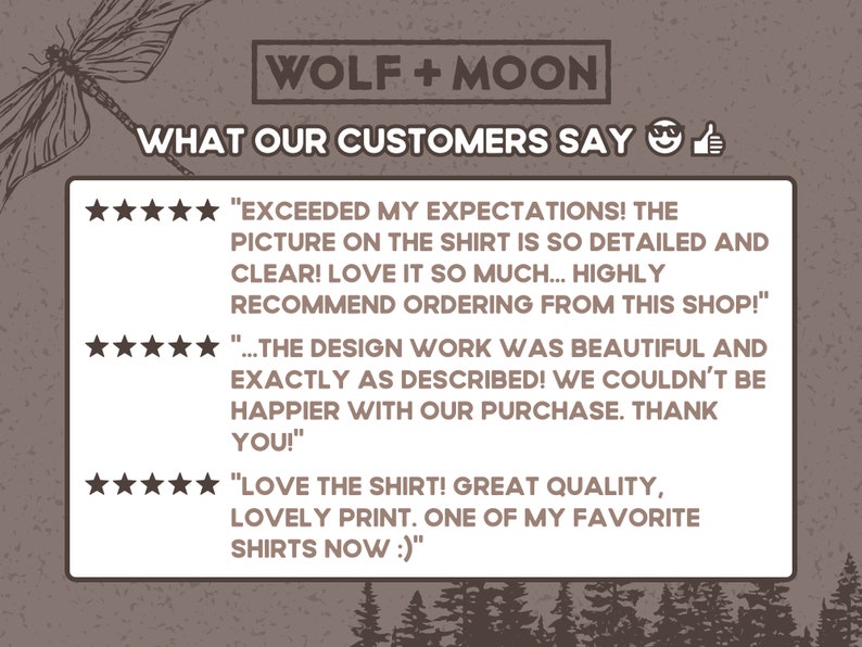 May include: A white background with a brown textured border. The text "WOLF + MOON" is in a brown rectangle at the top of the image. Below the text is the phrase "WHAT OUR CUSTOMERS SAY" with a smiley face and thumbs up emoji.  There are three five-star reviews with positive comments about the quality and design of the products.
