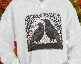 Raven linoprint cottagecore hoodie Black crow folk art sweatshirt Linocut blackbird nature lover gift for women Outdoor bird shirt for her