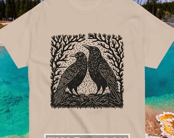 Raven boho blockprint shirt Crow lino cut oversized tee-shirt Raven cottage core adventure shirt Birding hiking and nature lover tshirt gift