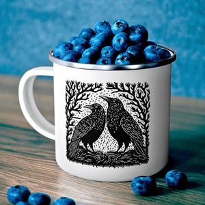 Wild ravens enamel camp mug - Crow Cottage Core Cabincore Forestcore decor coffee cup - Camping gift for him her Nature art for lodge cabin