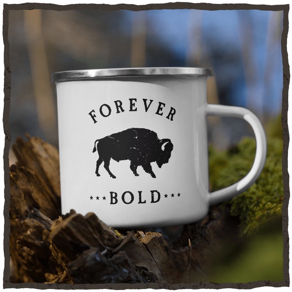 Retro Yellowstone buffalo Quote enamel camping mug Rustic national park style coffee cup Vintage look gift ideas for nature lovers + hikers