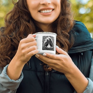 Blockprint raven giftful mug. Bohoe nature girl white enamel coffeecup. Cottage core gardener gifts for women. Garden lover coffeemugs. Whimsi crow gardening cup.