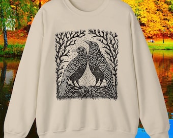 Fall raven blockprint sweat shirt Birdfulness blockprinted gardenshirt Whimsi crows oversized gardening sweatshirt Forest core birding gifts