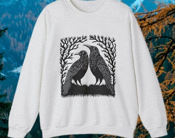 Raven linoprint outdoor sweatshirt Nature lover + bird watcher gift Black crows folk art shirt for women Blackbird boho cottagecore sweater