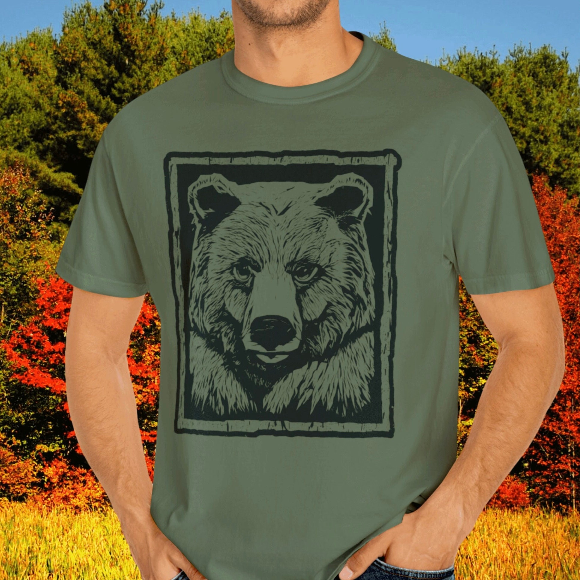 Woodland Black Bear Linocut Print Tshirt Rustic Brown Bear