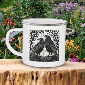Blockprint raven giftful mug. Bohoe nature girl white enamel coffeecup. Cottage core gardener gifts for women. Garden lover coffeemugs. Whimsi crow gardening cup.