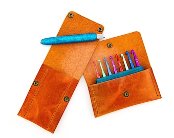 Crochet Set Interchangeable Hooks Artisan Crafted Ergonomic Blue Long Handle Leather Cases