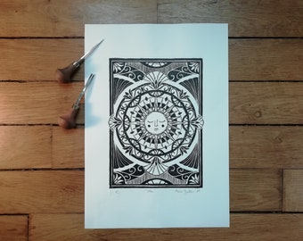 Linocut "Solar", 29.7x42cm, flowers, illustration, hand print, black