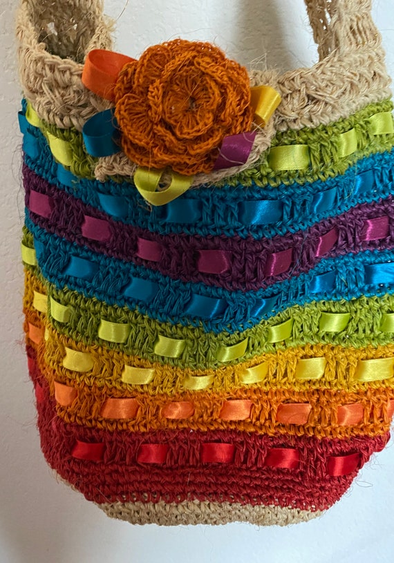 Rainbow Raffia bucket beach bag, market tote, purs