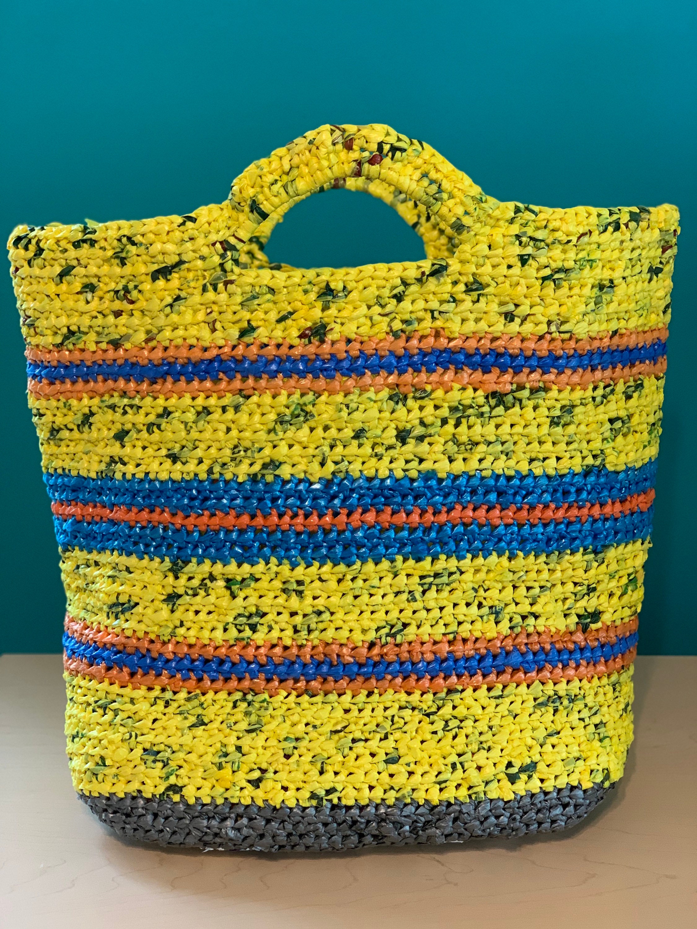 Recycled Plastic Bags Crochet Purse Shoulder Bag Blue Pink Yellow Upcycled  Tote