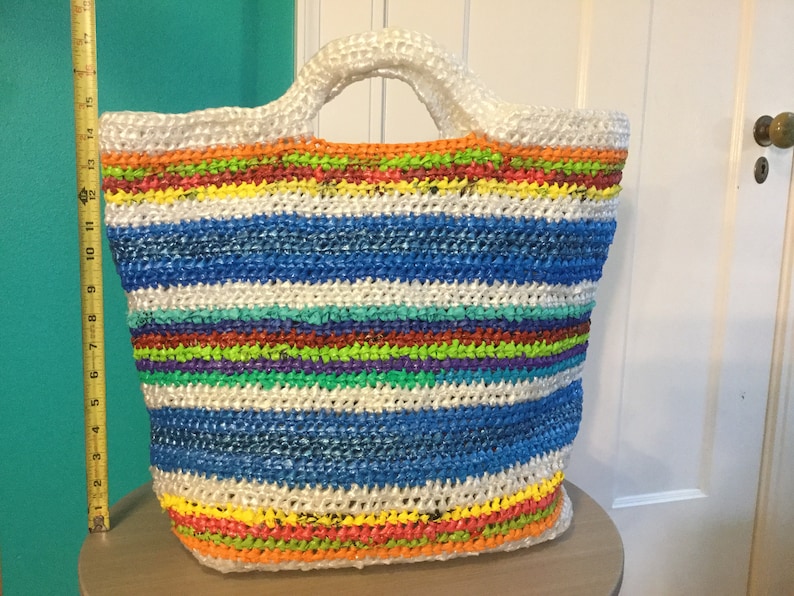 Blue bright striped large plarn bag image 0