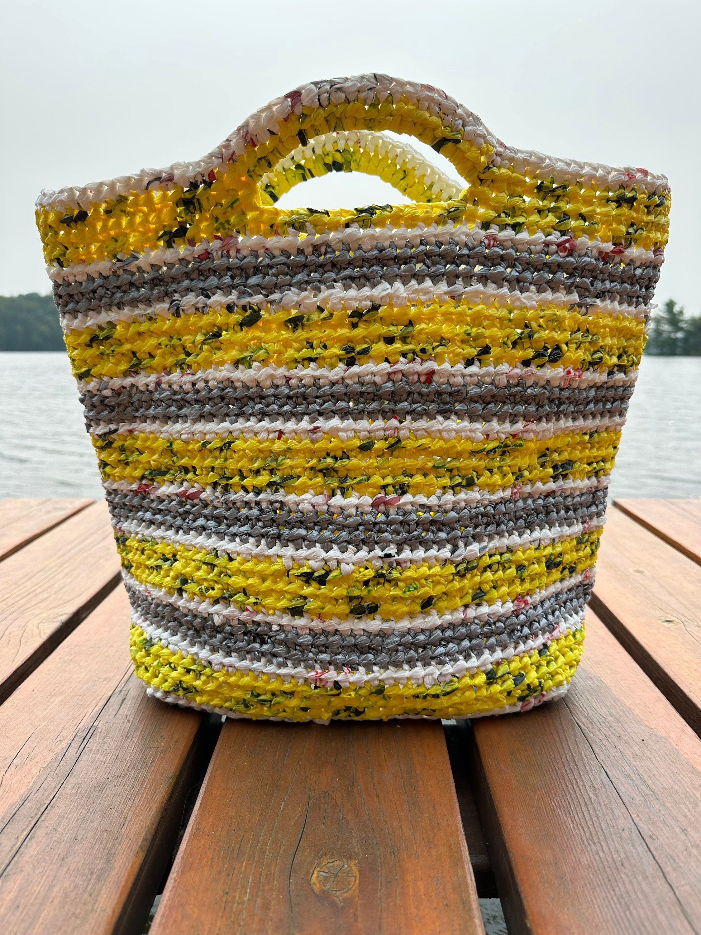 Yellow and Silver Striped Plarn Bag - Etsy