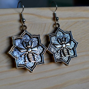 Metal Bee Earrings Dangle Drop Jewelry Gold with Silver Support Bees Save the Bees Pollinator Garden Flowers