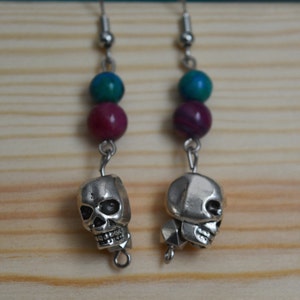 Punk Skull Earrings with Blue and Magenta Beads