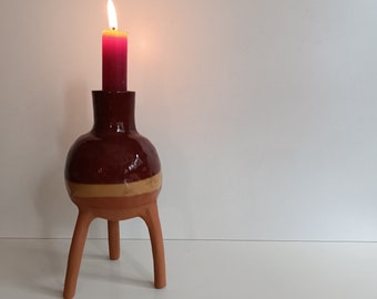 Tripod Terracotta Bulb Taper Candle Holder, Minimal Brick Red Bud Vase, Unique Ceramic Art, Whimsical Candlestick Holder, Funky Home Decor