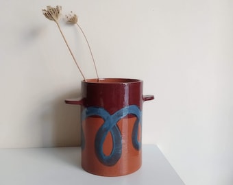 Terracotta Handmade Vase, Patio Decor, Tube Shape Planter, Utensil Holder, Office Flower Holder, Red Centerpiece, Tube Vase with Handles