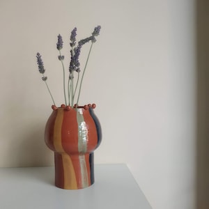 Colorful Terracotta Vase with a beaded rim, Color Striped Ceramic Flower Holder, Farmhouse Fresh Flower Centerpiece, New Home Gift, Art Gift