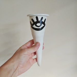 Evil Eye Handmade Ceramic Olla in a Cone Shape, Modern White Plant Waterer, Original Gift for Plant Freak, Evil Eye Home and Plant Protector