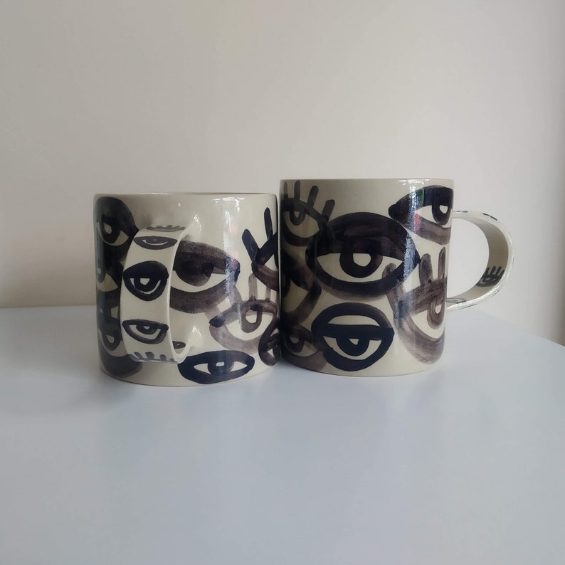 One Beige Stoneware Black Eyes Mug, Original Abstract Art Cup, Chunky Hot Cocoa Mug, Gift for New Job, Coffee Lover's Gift, XL Desk Mug image 6