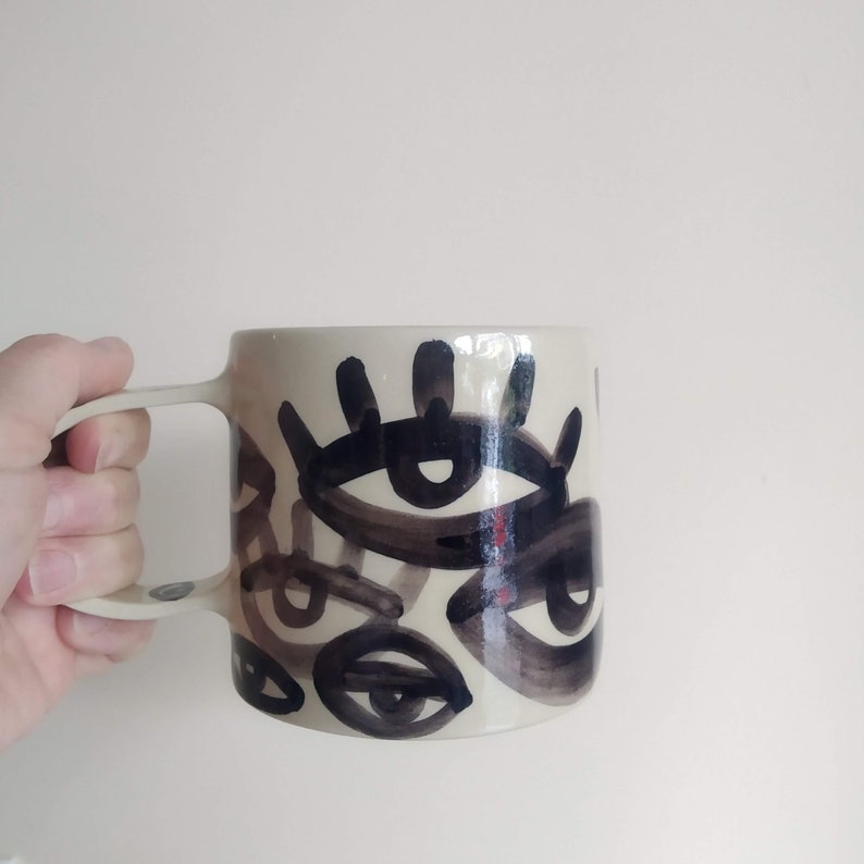One Beige Stoneware Black Eyes Mug, Original Abstract Art Cup, Chunky Hot Cocoa Mug, Gift for New Job, Coffee Lover's Gift, XL Desk Mug image 1