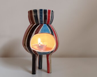 A Colorful Stoneware Oil Burner in a three legged design, Handmade and Hand Painted Tea Light Holder, Cozy Striped Incense Holder