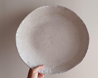 Handmade Rocky Stoneware Fruit Bowl: Large Speckled Serving Platter, Wabi Sabi Centerpiece