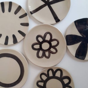 Mini Beige Stoneware Plate with a black original hand painted design, Cupcake or Dessert Dish, Fun Mug Coaster, Mix and Match Plate Set