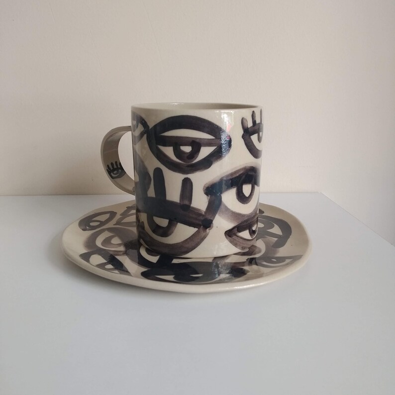 One Beige Stoneware Black Eyes Mug, Original Abstract Art Cup, Chunky Hot Cocoa Mug, Gift for New Job, Coffee Lover's Gift, XL Desk Mug image 3