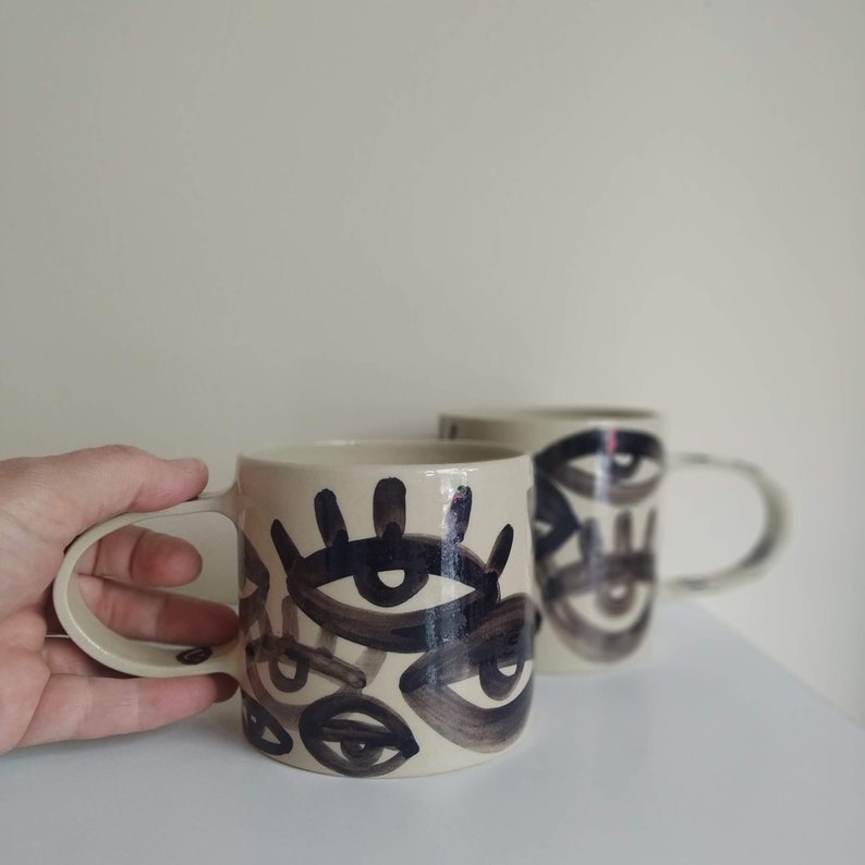 One Beige Stoneware Black Eyes Mug, Original Abstract Art Cup, Chunky Hot Cocoa Mug, Gift for New Job, Coffee Lover's Gift, XL Desk Mug image 7