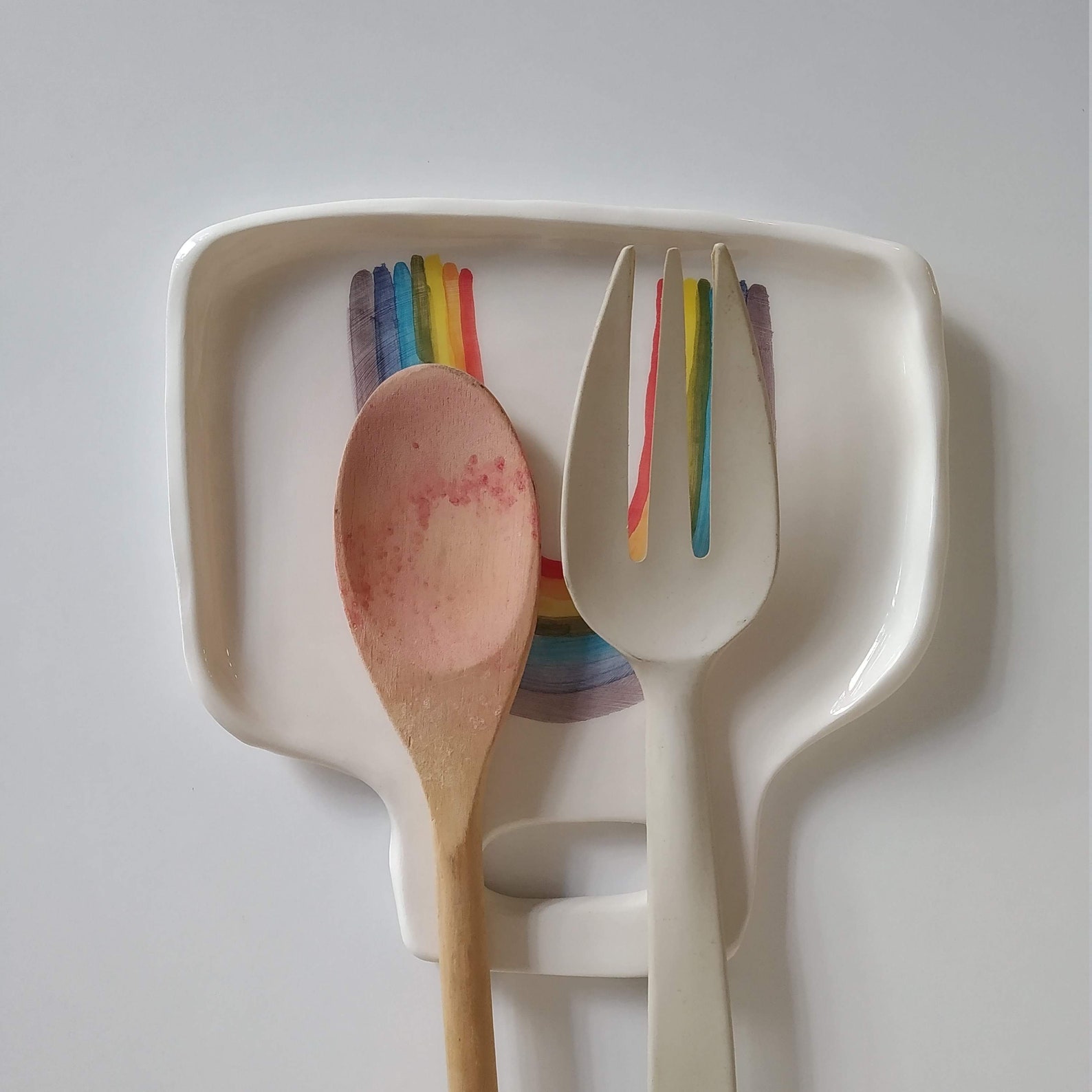 One Double Spoon Rest Rainbow Art Spoon Rest Kitchen Wall Etsy